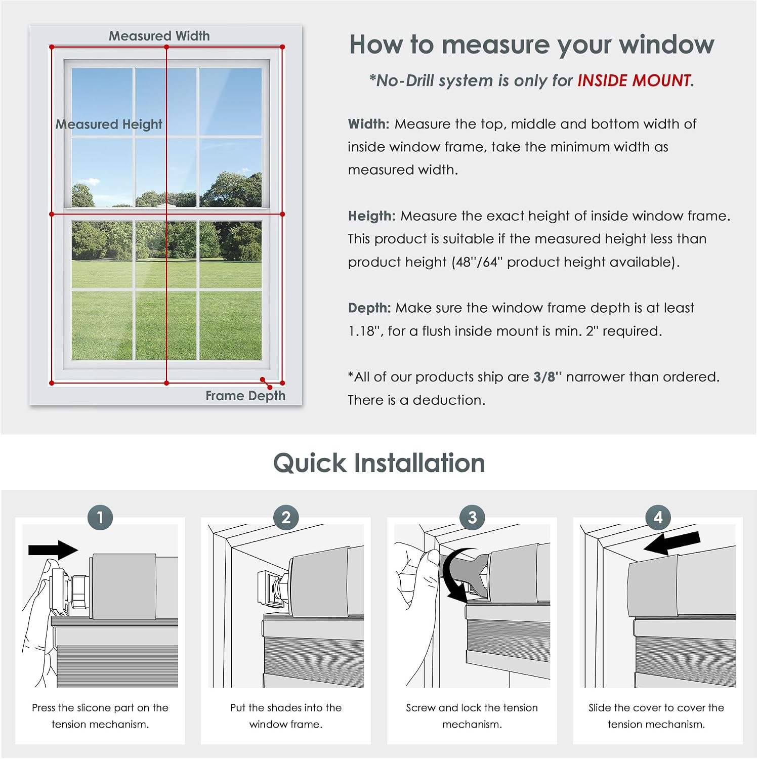 insmoublinds No Drill Cordless Cellular Shades, 34" W x 48" H, White - Image 5